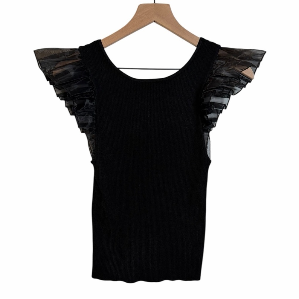 Anthropologie Black Ribbed Knit Sheer Ruffled Sleeve Sweater Balletcore Top S